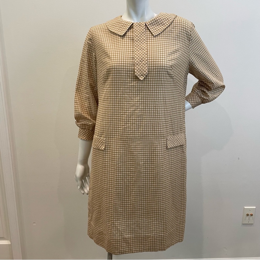 VINTAGE STACY AMES Tan & White Gingham 60s Mod Shift Dress